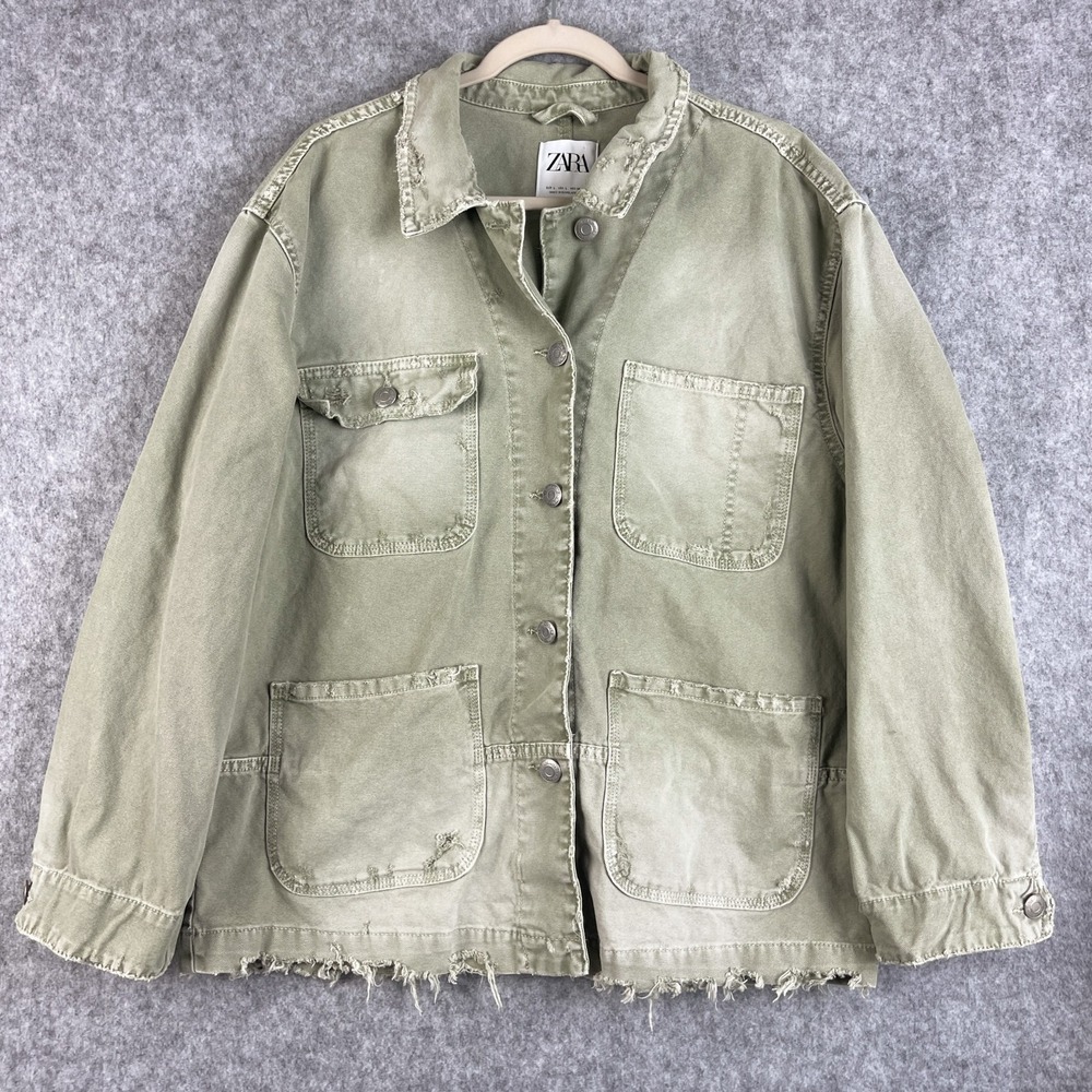 Zara Utility Jacket Womens Large Green Grunge Distressed Relaxed Skater Chore